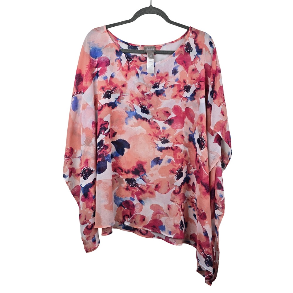 Chico's Floral Poncho Top Women L/XL Pink Coral Watercolor Asymmetrical Hem